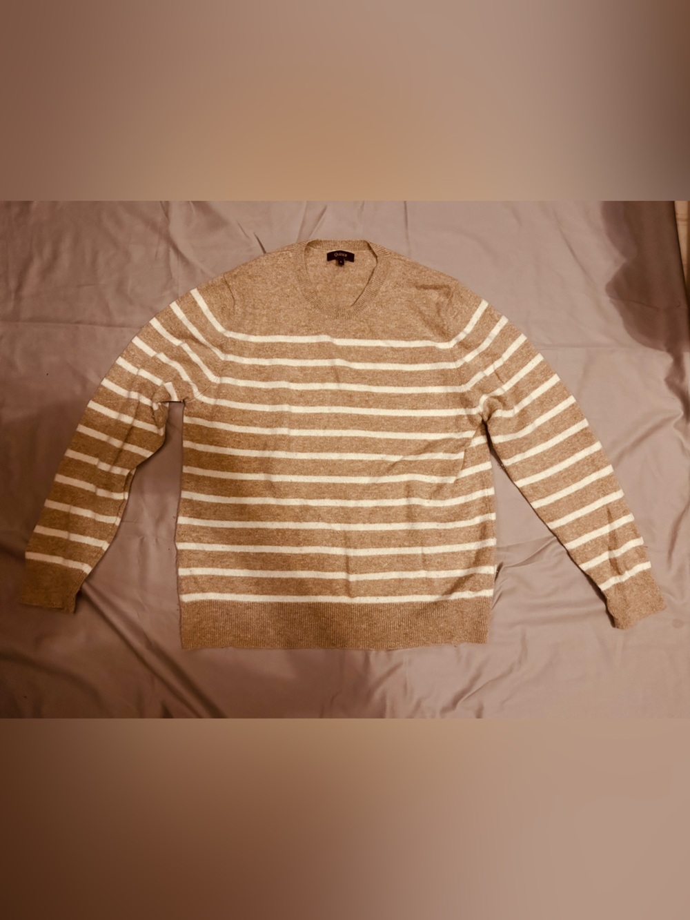 Quince 100% cashmere tan and White Striped Sweater Size Large
